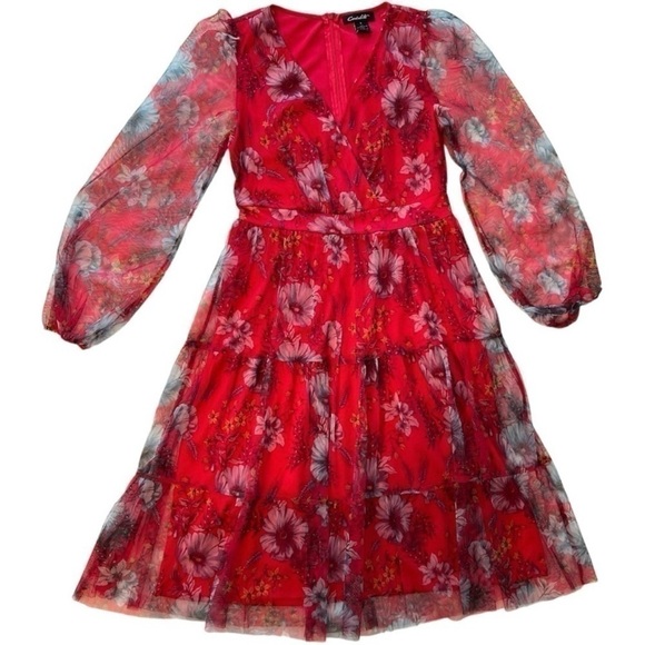 Red Floral Tiered Dress Whimsical Peasant Boho w/Sheer Puff Sleeves Size Small - Picture 1 of 7